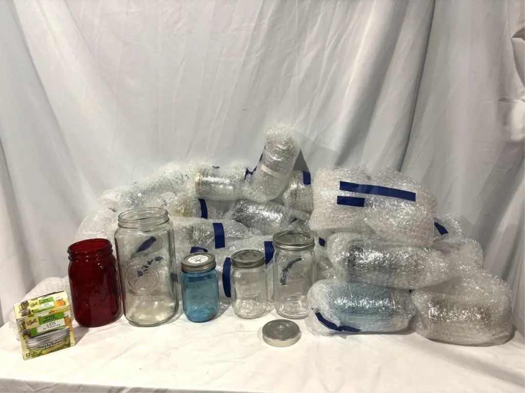 Misc jars (most with lids), Ball blue glass,