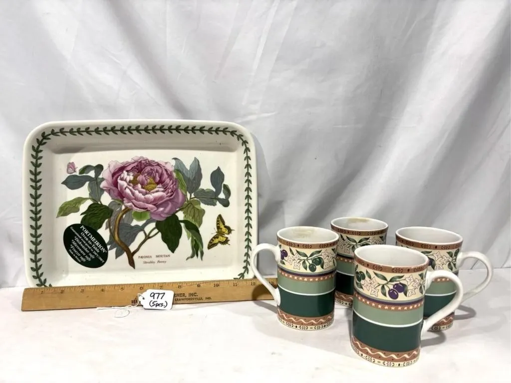 4 Sango Olivia mugs & a 12.5" x 10" dish