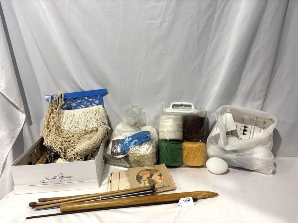 Knitting needles, string, foam eggs, wooden pant