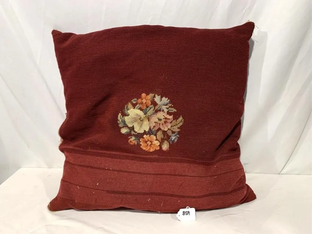 vintage cross stitched pillow, red with flowers