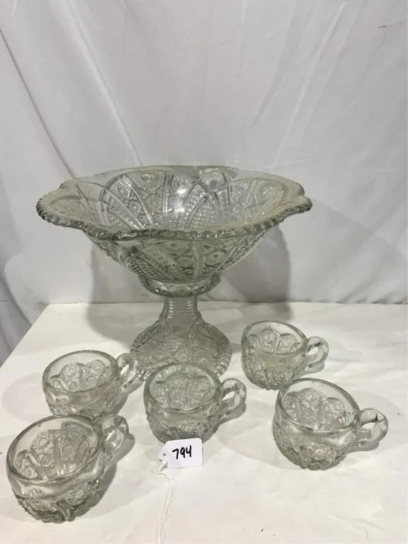 Punch bowl with pedestal & 5 cups