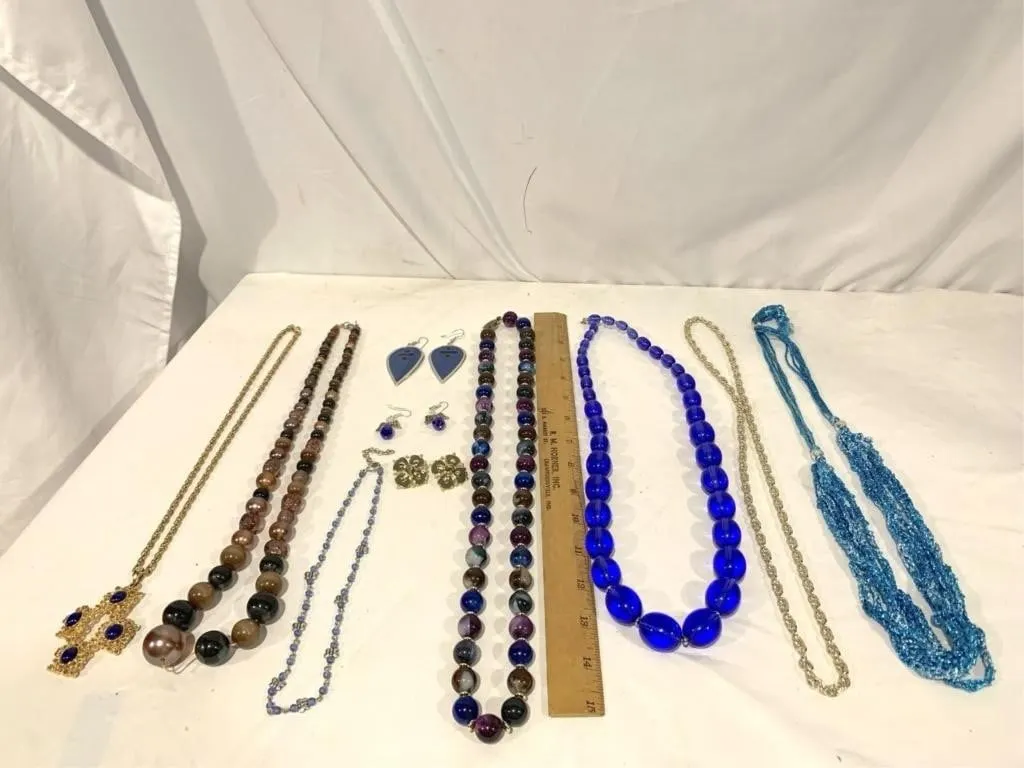 Vintage costume jewelry with blue tones