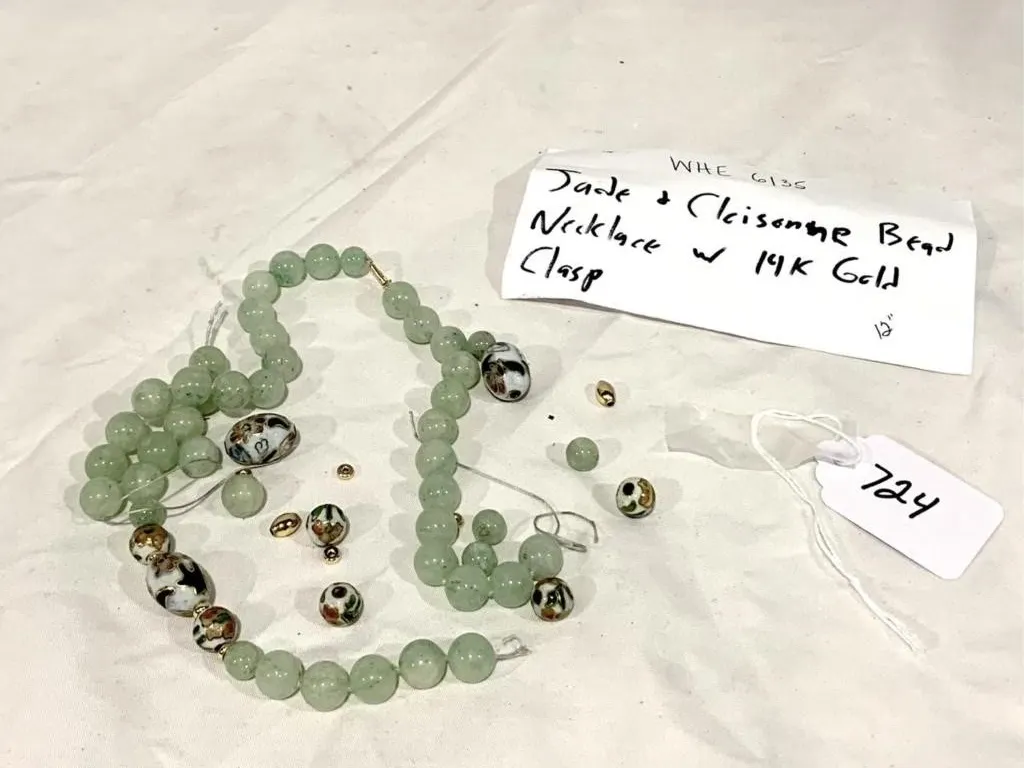 Jade & Cloisonne Bead Necklace with 14k gold