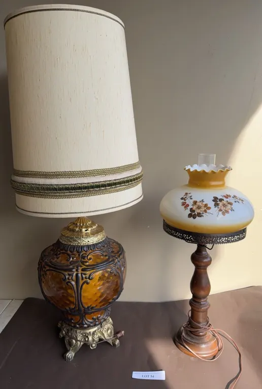 Table Lamps: Amber Glass & Floral Shade