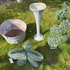 Garden Decor Lot: Tub, Urn, Topiary, Butterfly