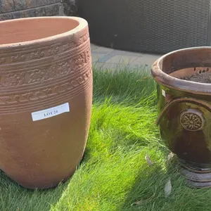Terracotta and Glazed Ceramic Planters Pair