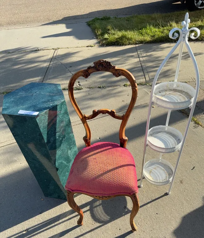 Green Marble Pedestal, Chair, Metal Plant Stand