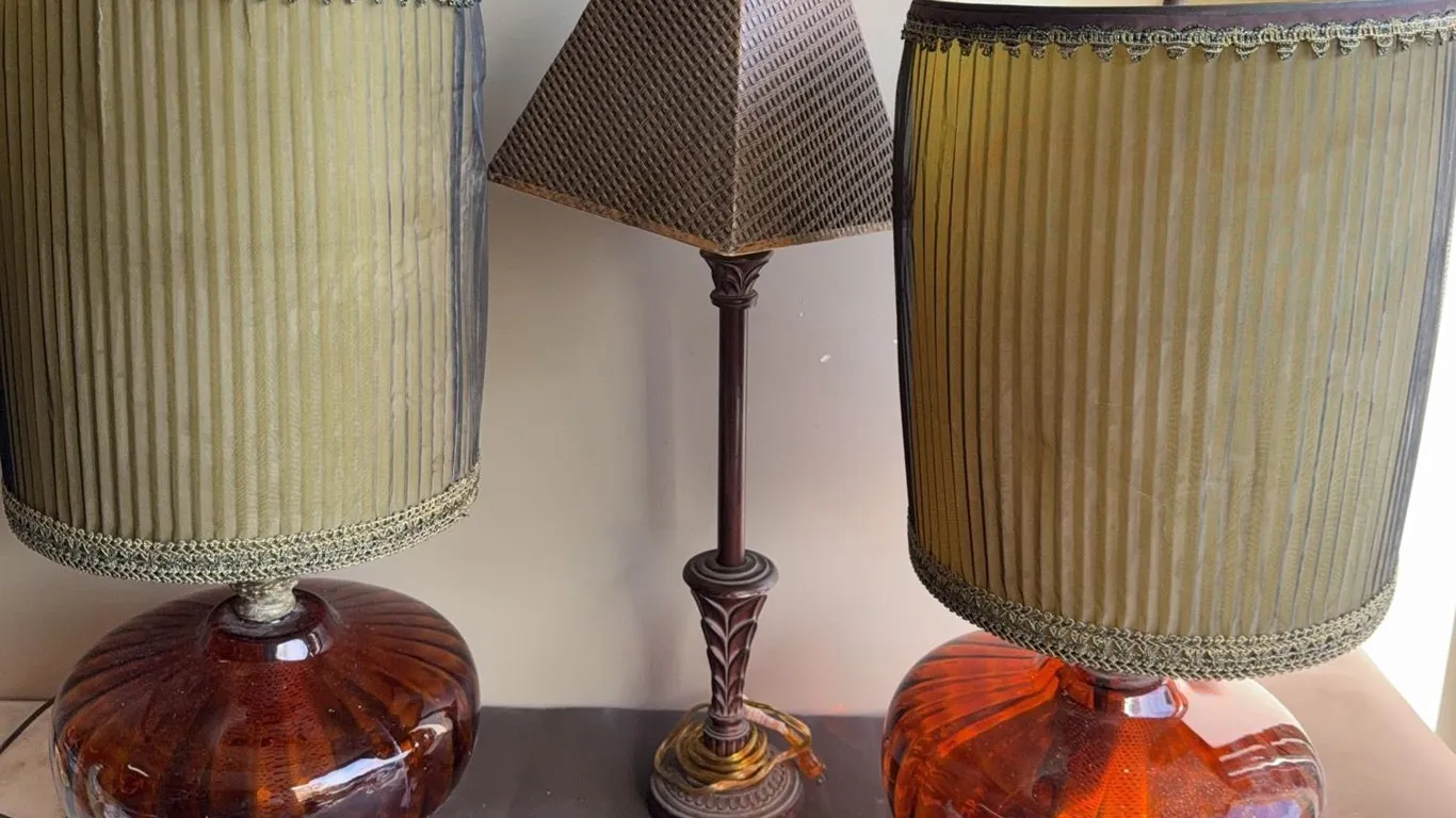 Pair Amber Glass Table Lamps With Metal Bases