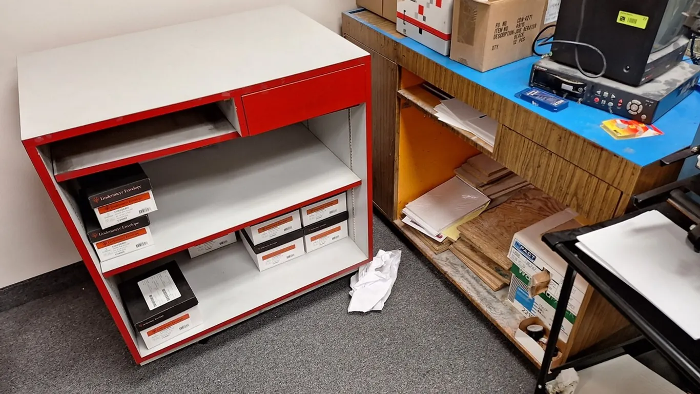 6 Assorted Red and Blue Wood Modular Cabinets
