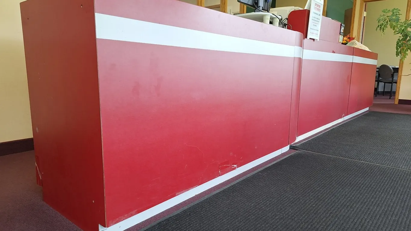 Red Wood Reception Desk with Back Section, 188" Front, 85" Back, 36"H