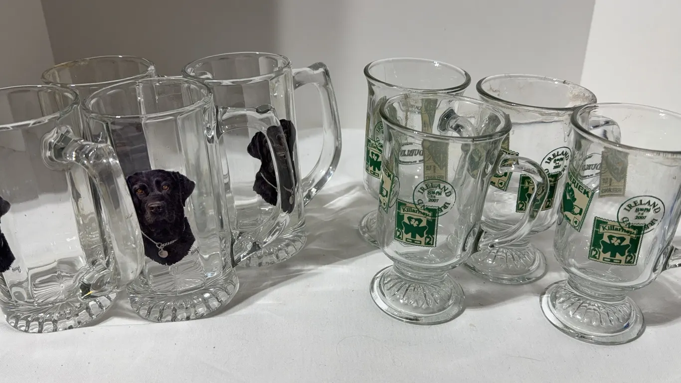 Vintage clear glass Irish coffee mug and 4 clear glass beer mugs