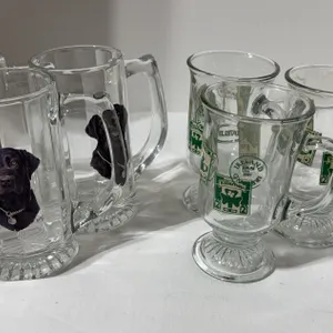 Vintage clear glass Irish coffee mug and 4  clear glass beer mugs