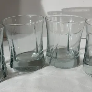 Lot of 4 clear glass old-fashioned rocks glass with subtle fluted or curved accent lines
