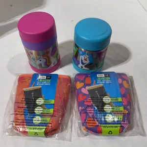 2 Thermos Funtainer vacuum insulated food jars (one pink with a unicorn design and one blue with a F