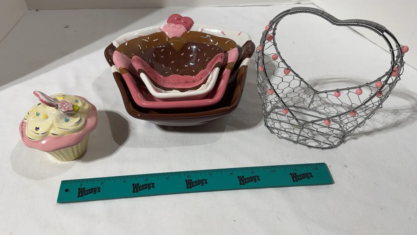 Valentine’s Day items with three cupcake shaped nesting ceramic bowls,