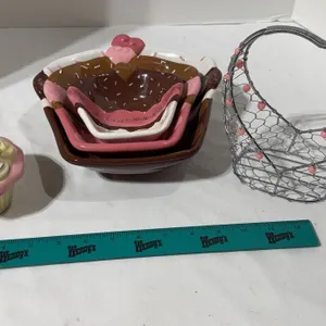 Valentine’s Day items with three cupcake shaped nesting ceramic bowls,
