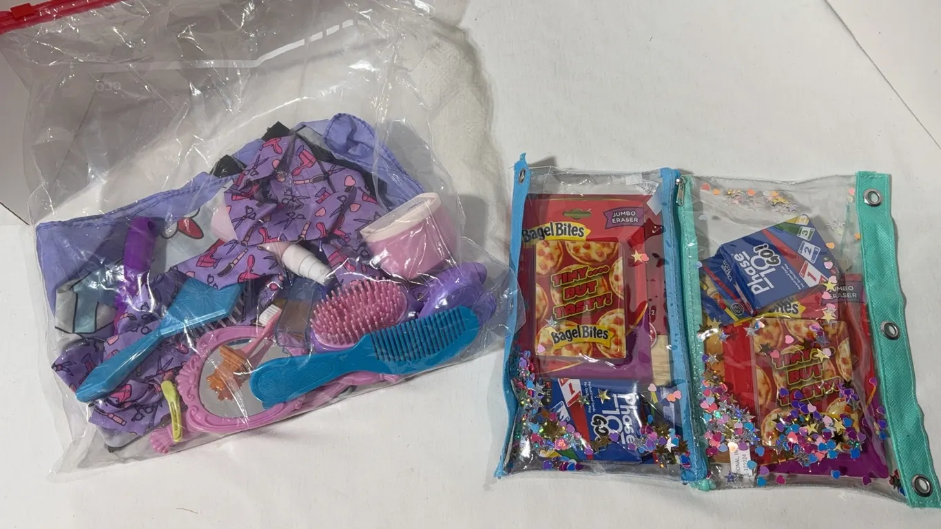 Complete hairdresser set and a couple pencil bags with jumbo erasers and phase 10 to go card games