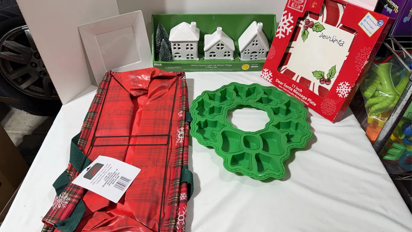 Collection of festive Christmas decor and organizing items