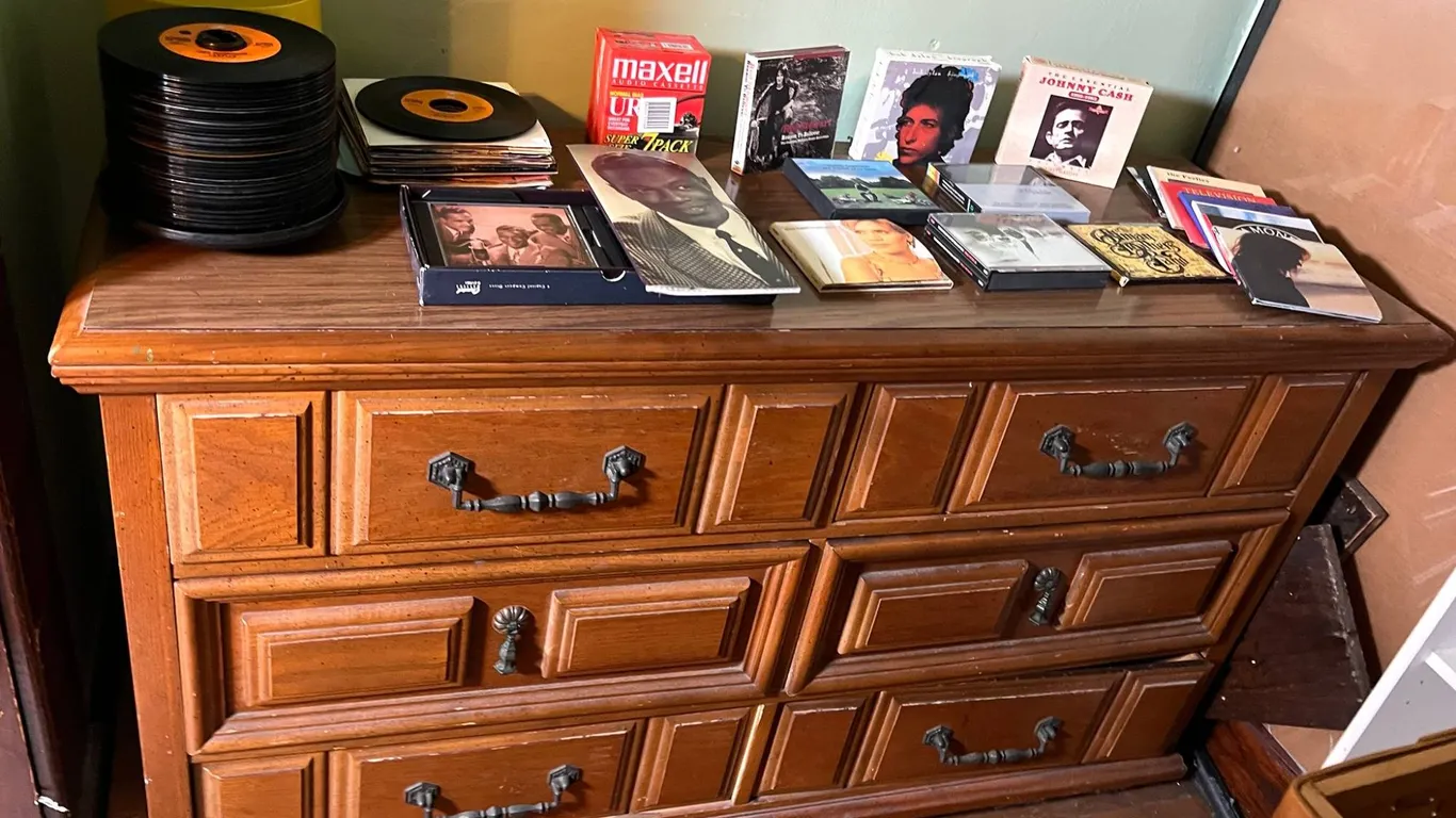 Vintage 45 RPM Records & Wood Dresser