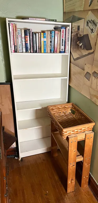 White Bookcase, Books & Wooden Stand