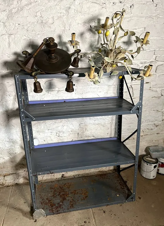 Metal Shelf & 2 Vintage Chandeliers Lot