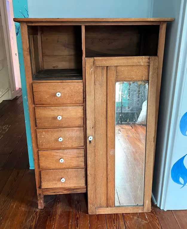 Vintage Wooden Wardrobe With Mirror