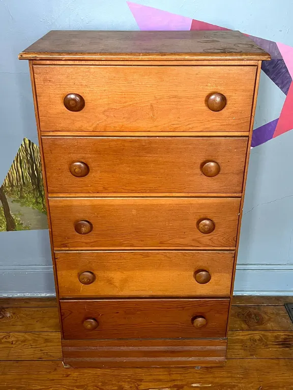 Vintage Five-Drawer Wooden Chest 46" Tall