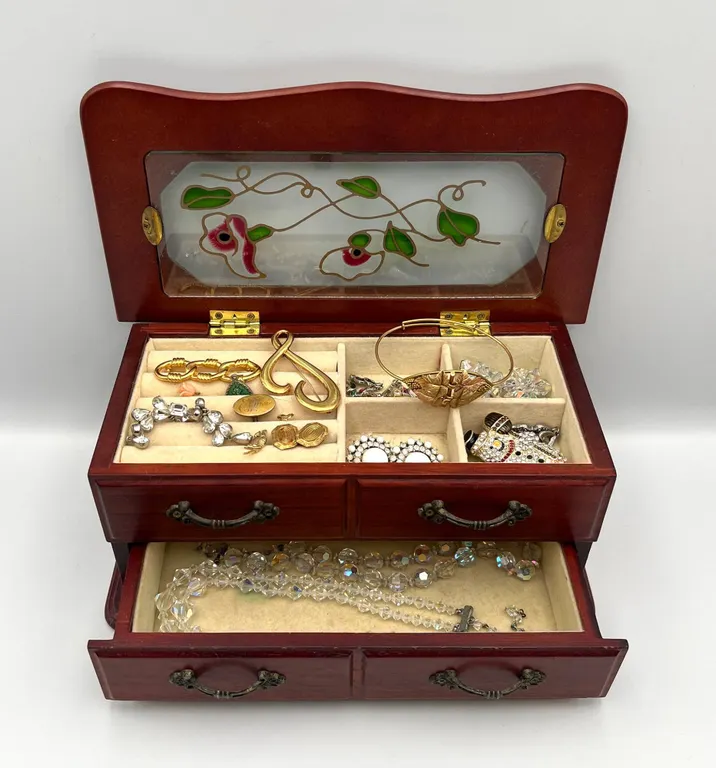 Wooden Jewelry Box With Costume Jewelry