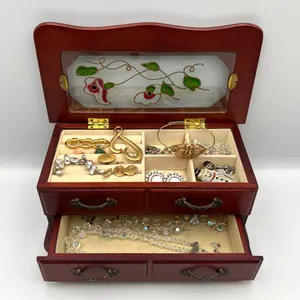 Wooden Jewelry Box With Costume Jewelry