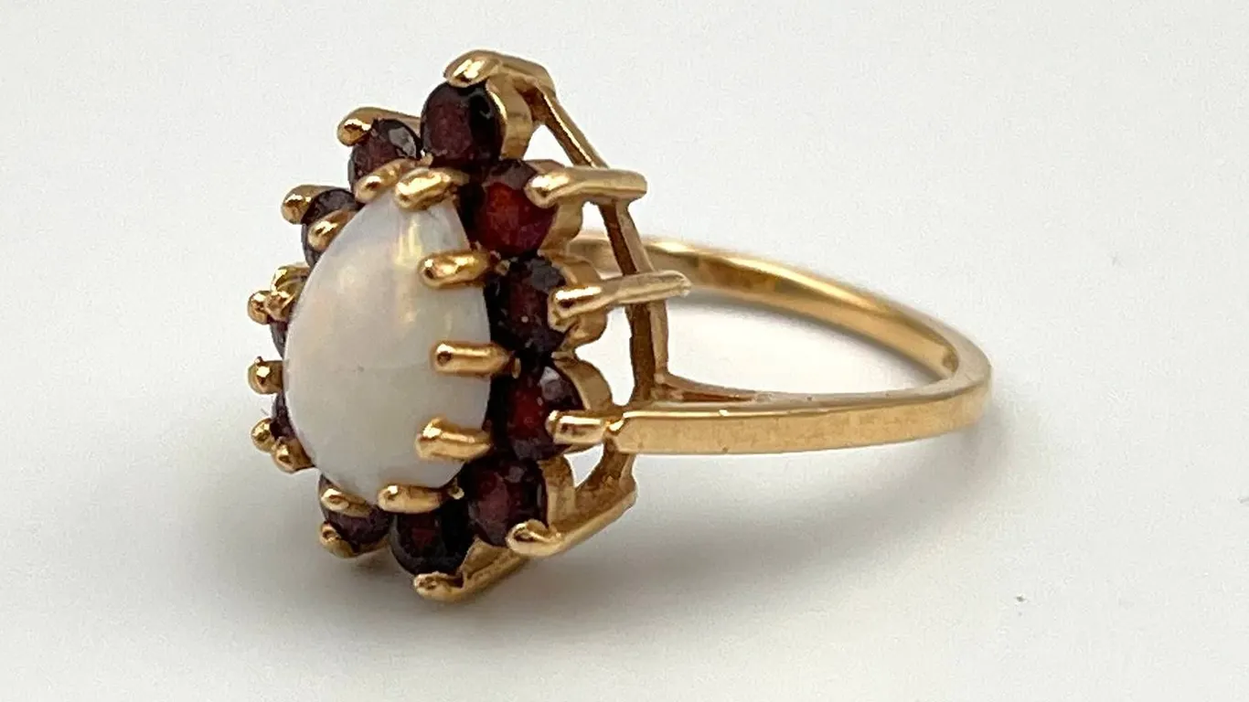14K Gold Opal Ring with Garnet Halo