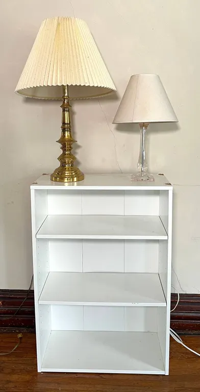 Brass & Glass Table Lamps, White Bookcase