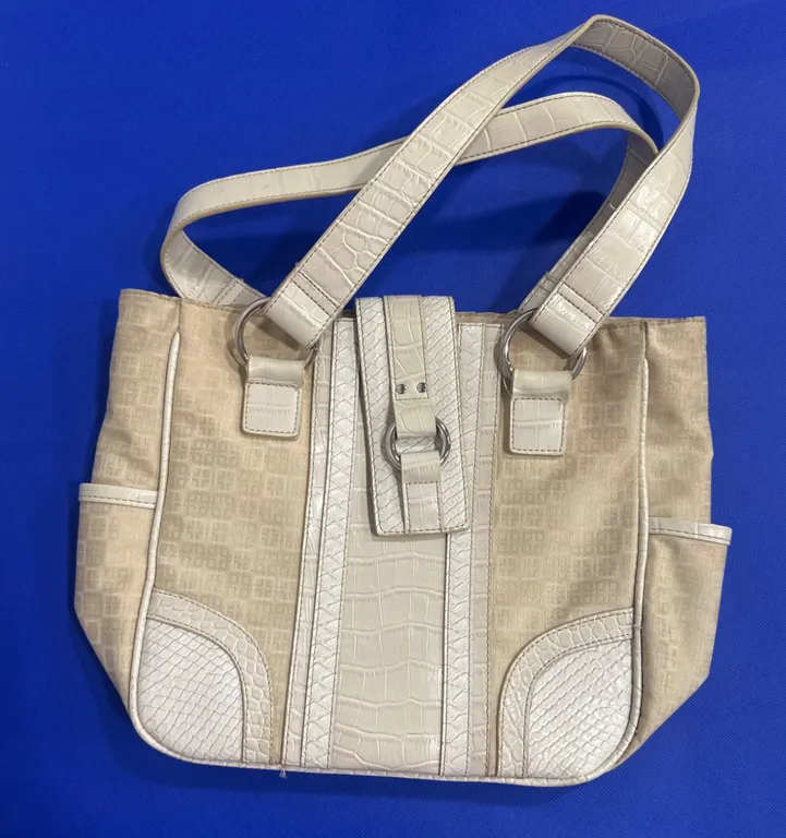 Beige and Ivory Textured Handbag with Multiple Compartments