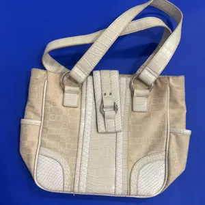 Beige and Ivory Textured Handbag with Multiple Compartments