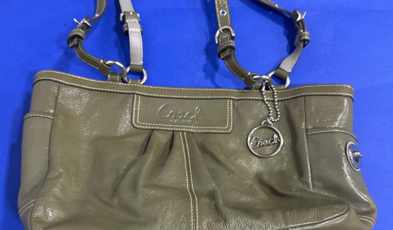 Coach Green Leather Handbag with Silver-Tone Accents