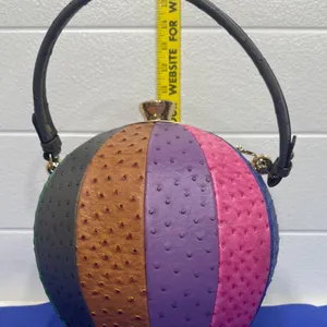Vintage Multi-Color Ostrich-Embossed Ball Handbag With Gold-Tone Accents