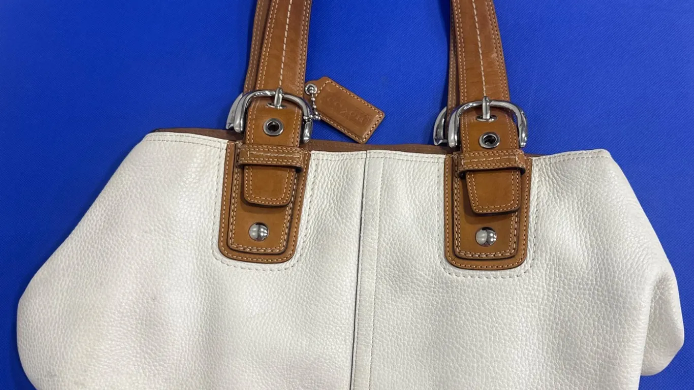 Coach White Leather Handbag With Brown Handles