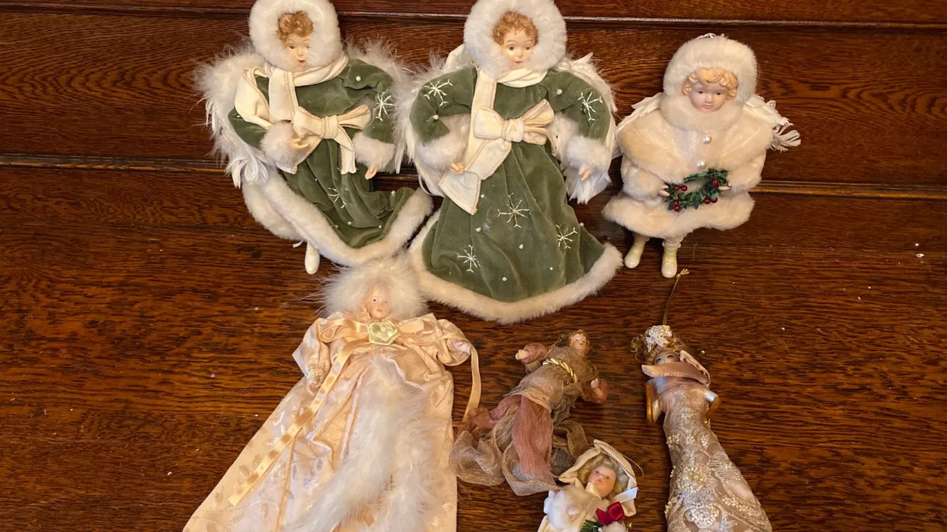 7 Vintage Porcelain-Faced Christmas Dolls in Winter and Festive Attire