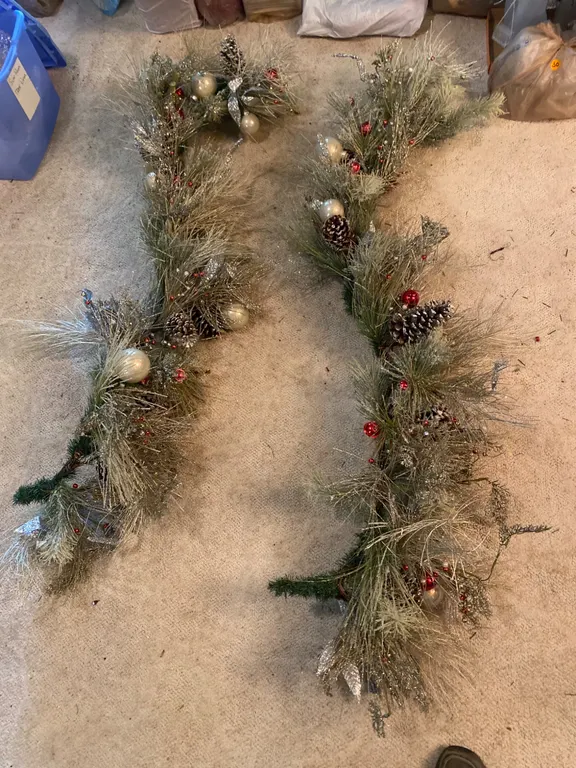 Two Holiday Garland Decorations with Glitter, Pinecones, and Ornaments
