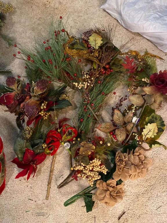 Decorative Floral Sprays and Picks With Gold, Red, and Glitter Accents