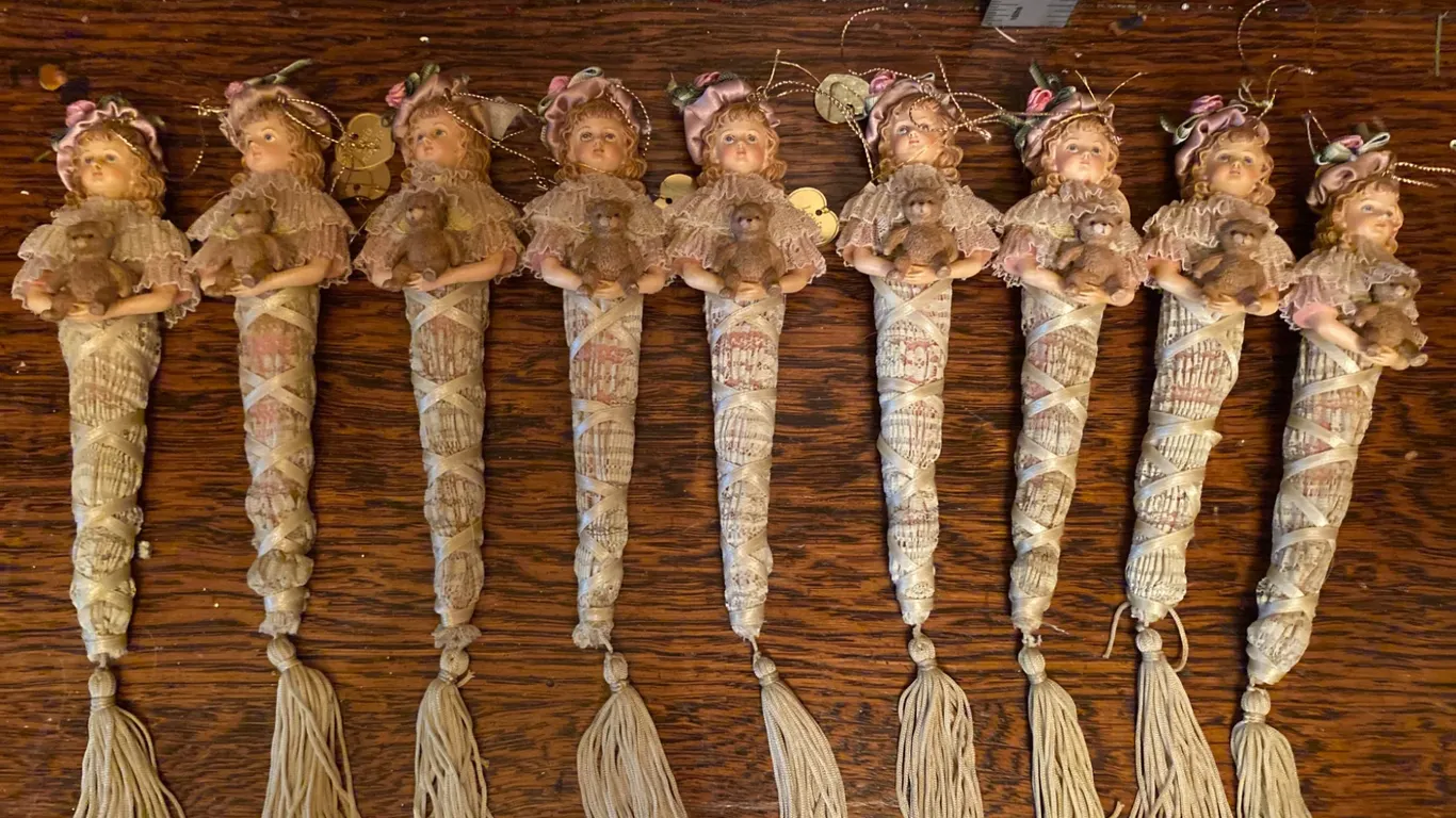 9 Vintage Angel Figurine Tassels with Woven Bodies and Doll Faces