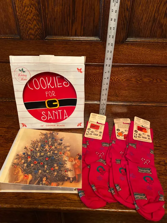 Christmas-Themed Lot: Plate, Photo Album, and Socks