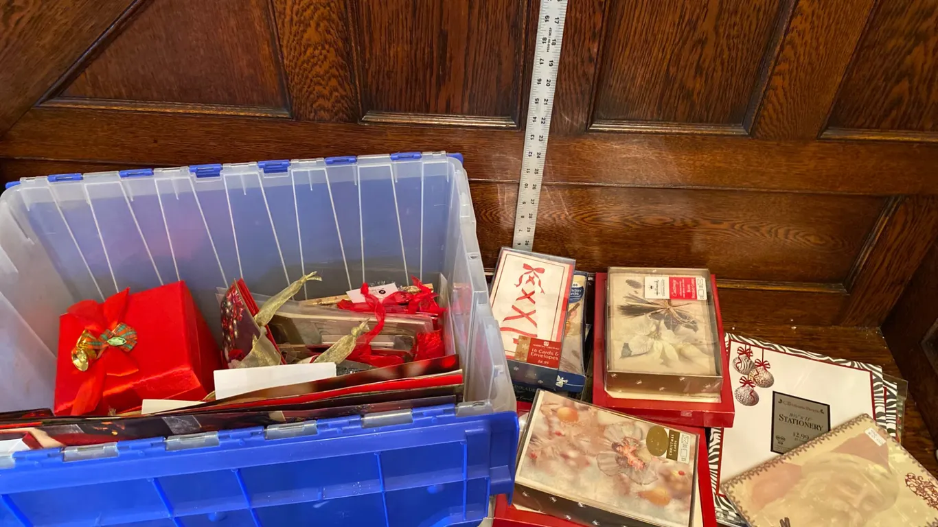 Holiday Cards, Stationery, and Decorations in Storage Bin
