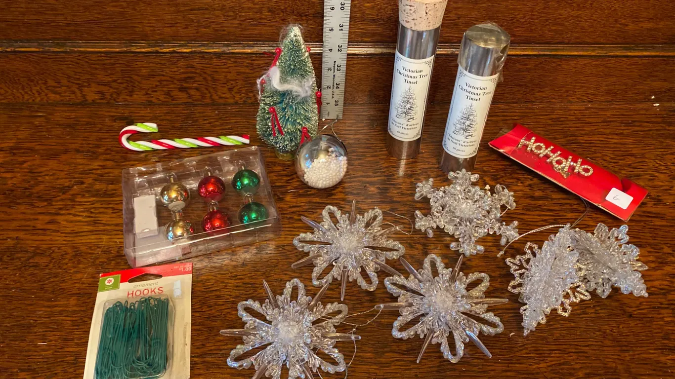 Christmas Decorations Including Ornaments and Tinsel