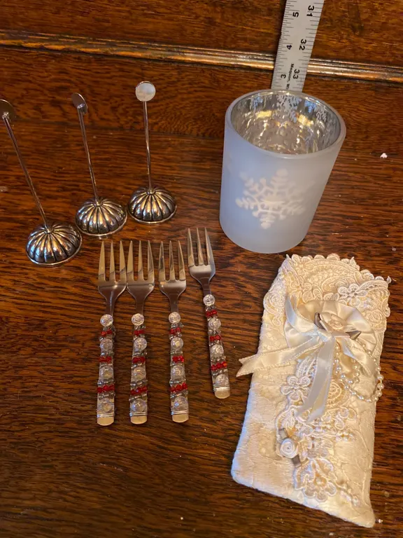 Dining Accessories Including Forks, Picks, Cup, and Fabric Case