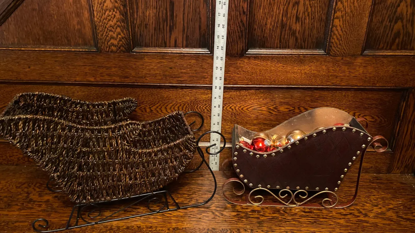 Two Decorative Holiday Sleighs, Rattan and Metal, with Ornaments