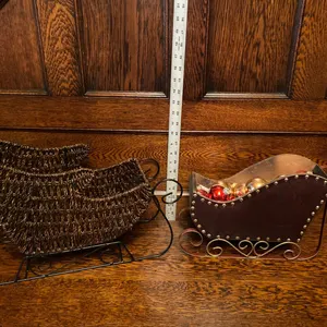 Two Decorative Holiday Sleighs, Rattan and Metal, with Ornaments