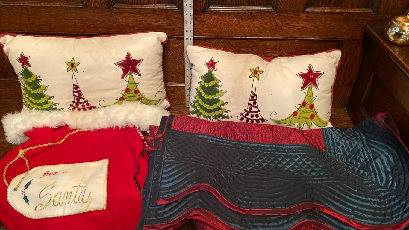 Holiday Decor Lot Featuring Pillows, Table Runner, and Santa Bag