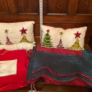 Holiday Decor Lot Featuring Pillows, Table Runner, and Santa Bag