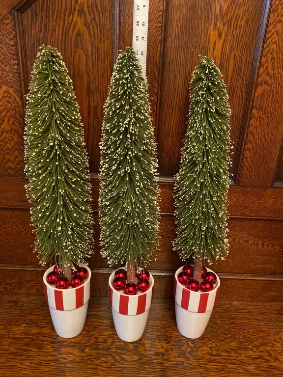 Three Decorative Bottle Brush Christmas Trees in Striped Planters