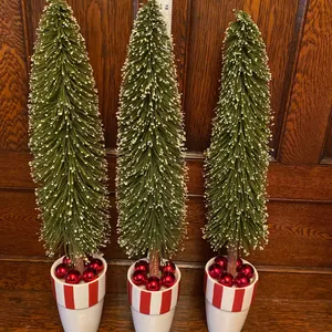 Three Decorative Bottle Brush Christmas Trees in Striped Planters